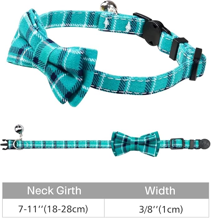 Joytale Upgraded Cat Collar with Bells, Breakaway Cat Collars with Bow Tie, 1 Pack Girl Boy Safety Plaid Kitten Collars, Teal