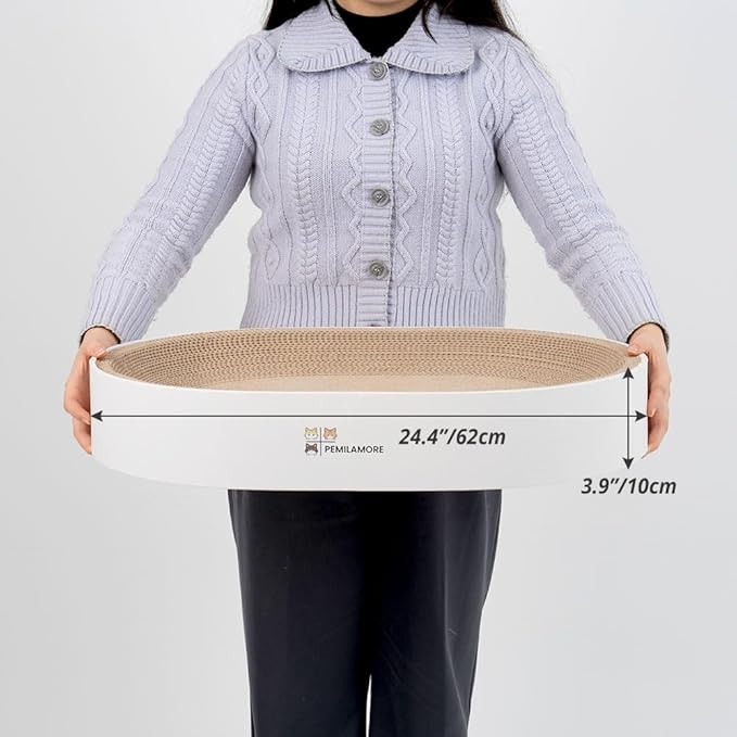 Cat Scratcher Cardboard Bed for Indoor Cats – Large (24.4x17.7x3.9in), Lounger, Round, Reversible, Durable, Protects Furniture, Cat Bowl & Scratching Pad, Safe with Cornstarch Glue