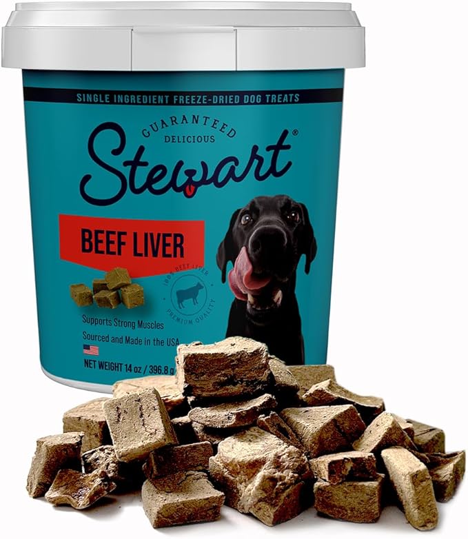 Stewart Single Ingredient Freeze Dried Raw Dog Treats, Beef Liver, 14 Ounce, Approx. 315 Pieces per Resealable Tub, Training Treats or Meal Topper, High Protein, Grain Free, Gluten Free