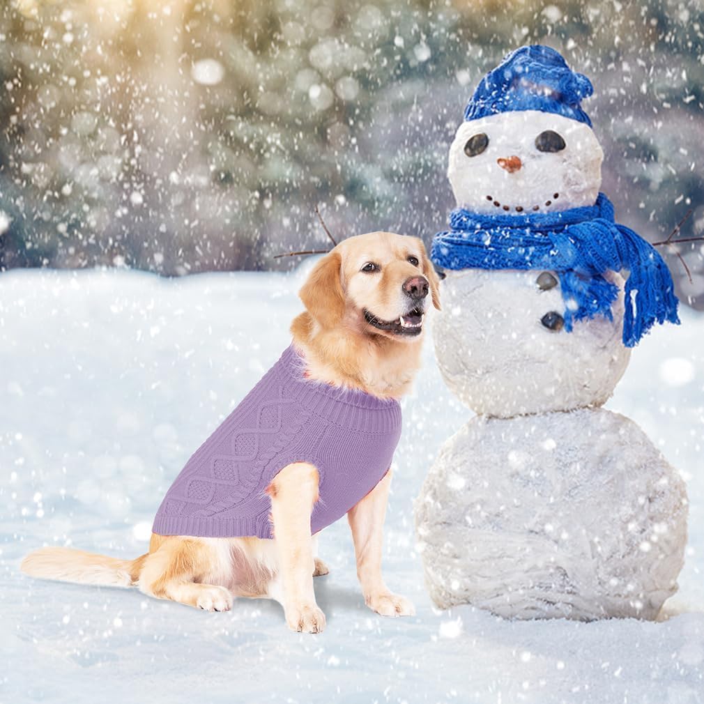 BINGPET Thermal Knitted Dog Sweater, Winter Dog Cat Coat, Warm Sweater for Small Medium Large Dogs, Classic Cable Knit Turtleneck Pullover, Purple, Medium/Large