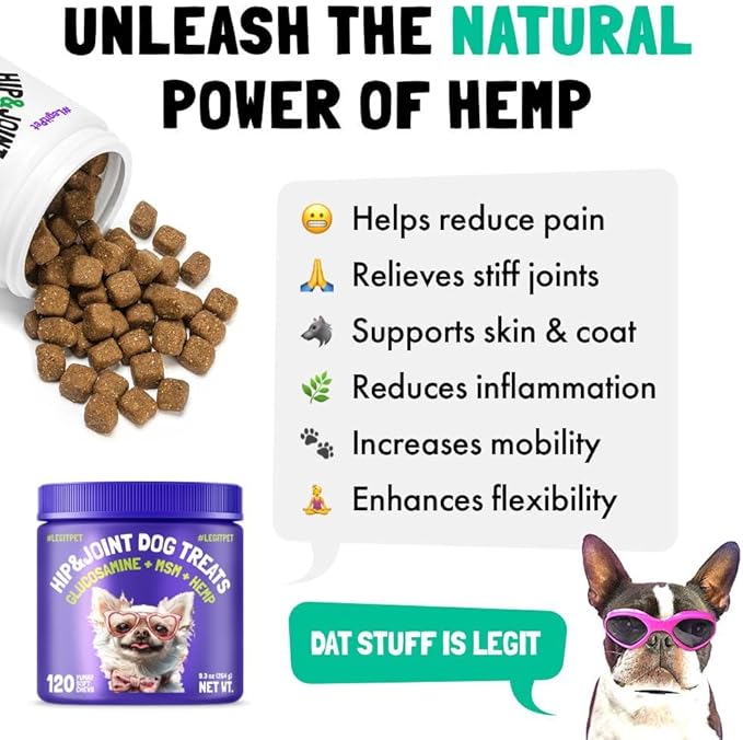 Hemp Hip & Joint Supplement for Dogs Soft Chews Made in USA Functional Glucosamine for Dogs Chondroitin MSM Turmeric Hemp Seed Oil Natural Pain Relief Mobility Advanced Joint 120 Treats