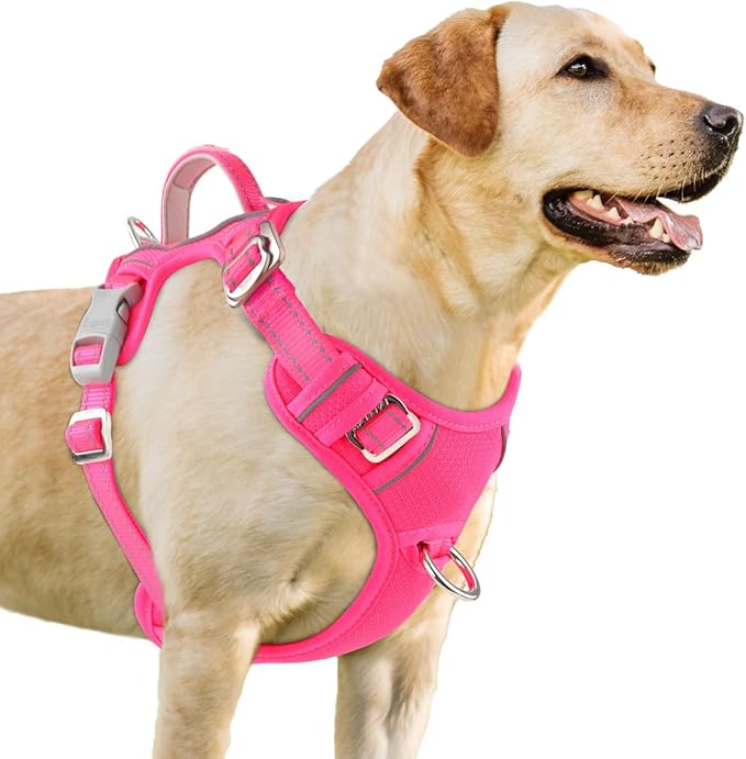BARKBAY No Pull Dog Harness 3 Buckles Large Reflective Dog Harness with Front Clip and Easy Control Handle for Walking Training Running with ID tag Pocket(Pink,L)