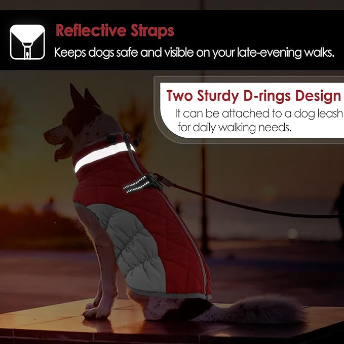 AOFITEE Dog Coat, Warm Dog Winter Coat, Reflective Turtleneck Large Dogs Jacket with Harness Built in, Turtleneck Pet Winter Jacket, Waterproof Pet Snow Jackets Fleece Vest, Christmas Red XL