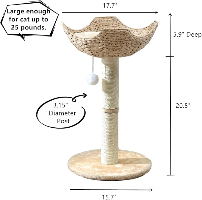 SHENGOCASE Small Cat Tree Tower with Large 17.7" Rattan Wicker Basket, Handwoven Nest Basket Bed, Window Perch for Large Cats up to 25LBS