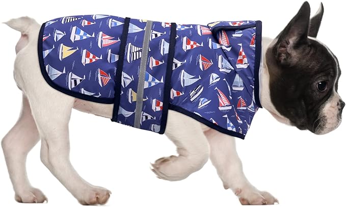 HDE Dog Raincoat Jacket Reflective Adjustable Hooded Pet Poncho Rain Coat with Leash Hole for Small to X-Large Dogs Nautical Boats - S