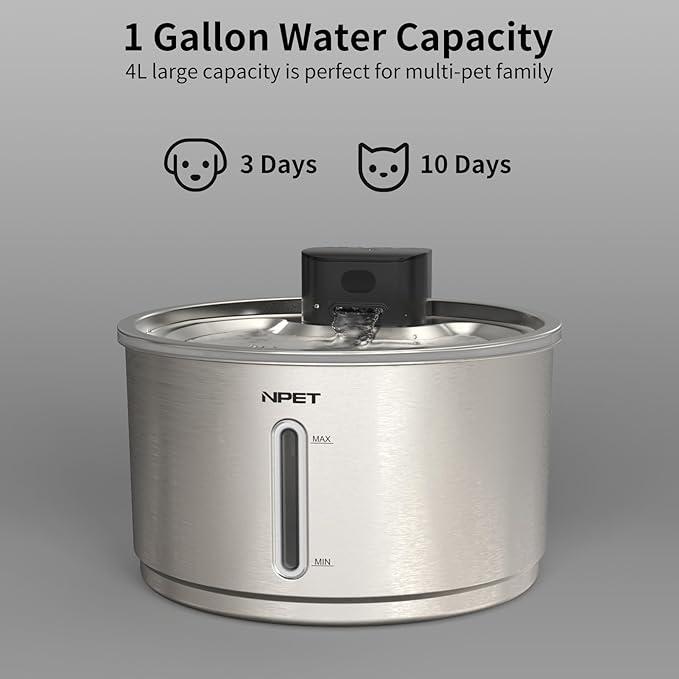 NPET Stainless Steel Wireless Cat Fountain, 1Gallon/135oz Battery Operated Automatic Pet Drinking Fountain - Cordless Dog Water Dispenser with Water Level Window for Cats Indoor