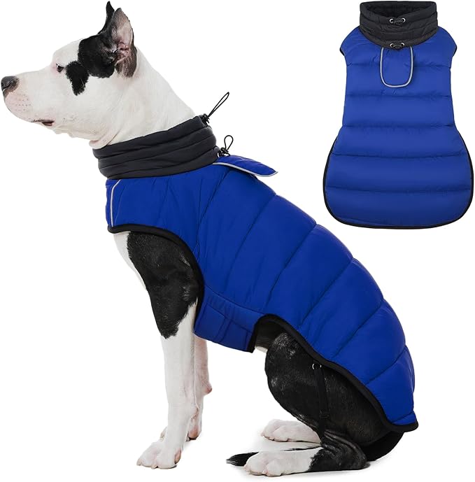 IDOMIK Dog Winter Coat, Warm Waterproof Dog Puffer Jacket with Harness Hole, Adjustable Reflective Snow Jacket Vest with Turtleneck, Pet Cold Weather Coats for Medium Dogs,Blue,M
