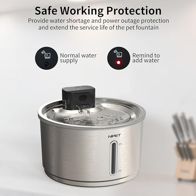 NPET Stainless Steel Wireless Cat Fountain, 1Gallon/135oz Battery Operated Automatic Pet Drinking Fountain - Cordless Dog Water Dispenser with Water Level Window for Cats Indoor