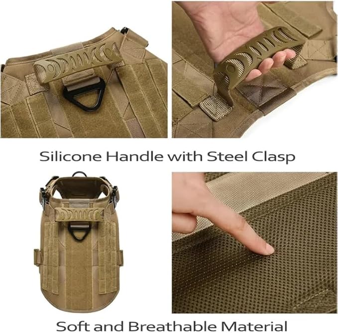 Tactical Dog Harness with Handle Collar and Leash Set Dog Vest Harness No Pull Dog Harness with Patches Adjustable Buckles for Dogs (Khaki, Medium)