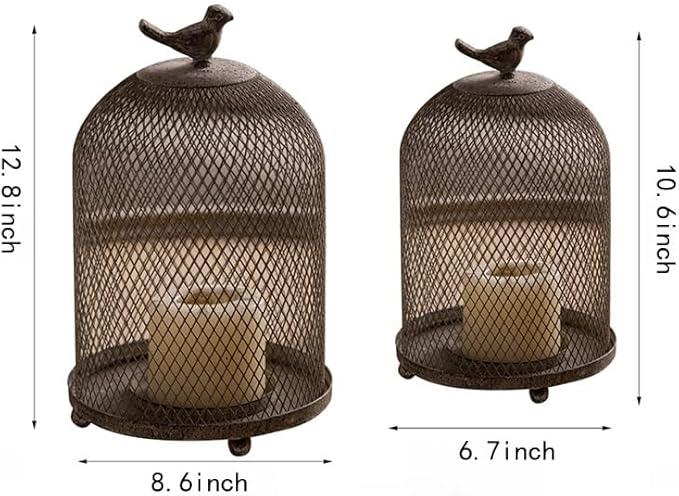Birdcage Candle Holder Antique Metal Bird Cages Decor, Vintage Lantern Centerpiece for Wedding Home Table Decorative, Iron Candleholder Set of 2 (12.9" & 10.7")