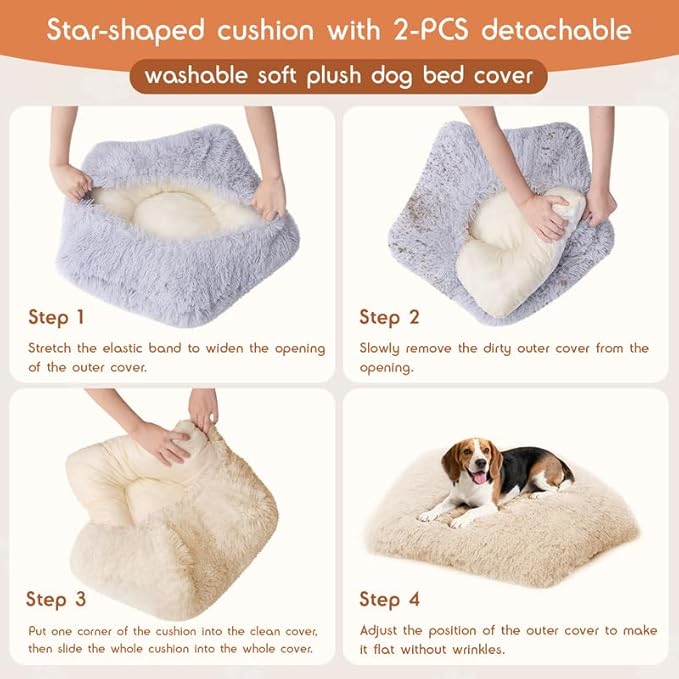 Washable Dog Bed, Small Dogs Beds, 2 PCS Removable Washable Fluffy Pet Bed Cover, Replaceable Dog Crate Pad, Calming Puppy Bed, Comfy Kennel Pad, Plush Cat Mat, 24" x 16", Gray + Beige