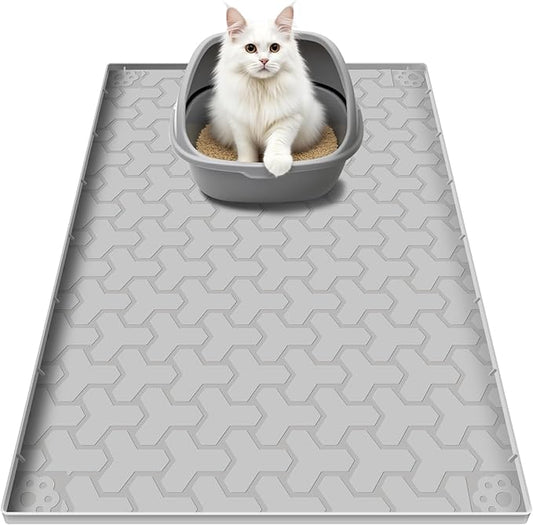Silicone Cat Litter Mat, Large 34"x22", Foldable and Easy to Clean, Waterproof, Leak-Proof, and Urine-Proof, Protects Floors, Suitable for Indoor Litter Box Mats.(Gray)
