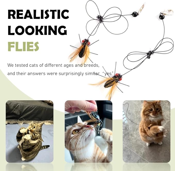 Cat Insect Feather Toys Replacement - 2 Pcs Handmade Natural Flies - Cat Toy Wand Refills - Interactive Kitten Teaser Wand Attachments - Cat Toys for Indoor Cats Play