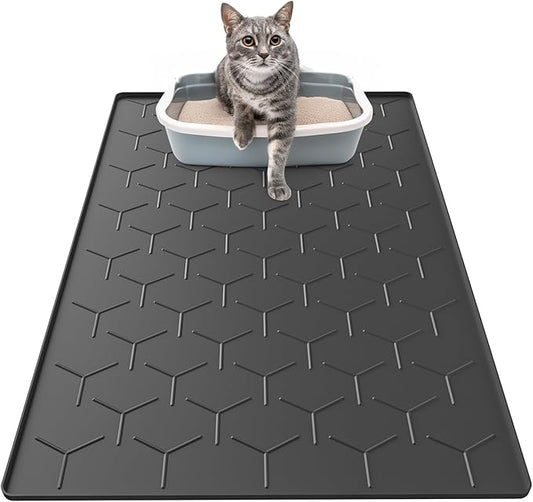 Silicone Cat Litter Trapping Mat, Large Waterproof 34" X 22" Cat Litter Box Mat, Easy to Clean, Black