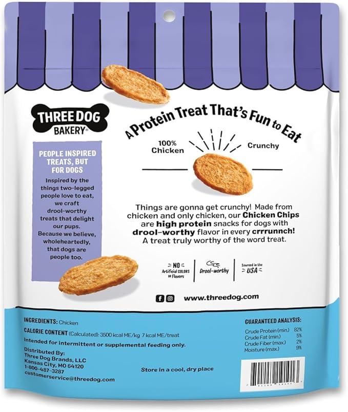 Three Dog Bakery Bark’N Crunch! Chicken Chips, Medium 8oz, Crunchy Dog Treats, Single Ingredient, High Protein Snacks, Chicken Treats, Low Calorie Healthy Training Treat, Made in The USA