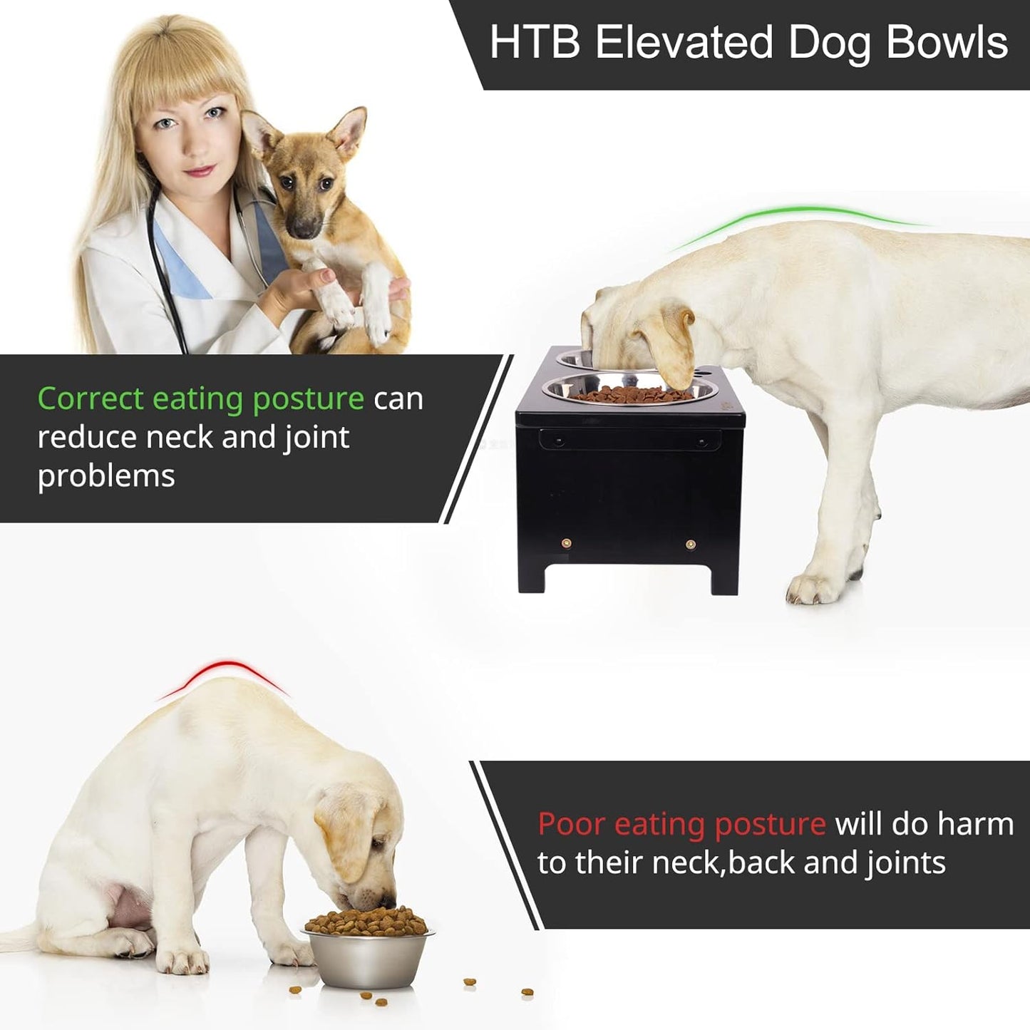 HTB Elevated Dog Bowls,Raised Dog Bowl Stand with 2 Stainless Steel Bowls,Elevated Raised Dog Bowls for Large Medium Small Sized Dogs