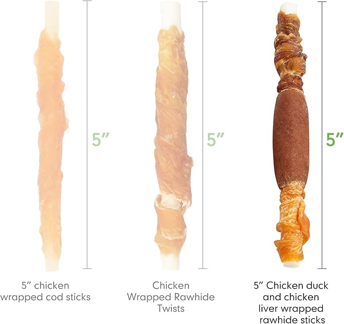MON2SUN Dog Treats, Triple Flavor 5 Inch Chicken Liver Duck and Chicken Wrapped Rawhide Snacks for Small and Medium Dogs, 31.75 Oz (45 Count-Pack of 1)
