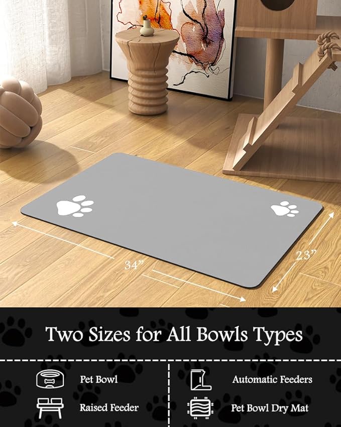 Pet Feeding Mat-Absorbent Dog Mat for Food and Water Bowl-No Stains Quick Dry Water Dispenser Mat-Dog Accessories Pet Supplies-Bowl for Messy Drinkers（LIGHTGREY,23"x34"