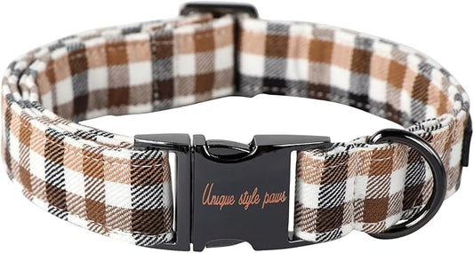 Unique style paws Dog Collar Metal Buckle Gift for Small Medium Large Boys Girls Dogs, brown plaid, XL