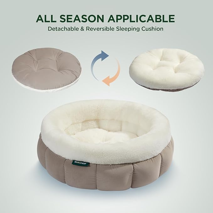 BALANCE Cat Beds for Indoor Cats, Washable Round Cat Bed, Cute Kitten Bed with Anti-Slip Bottom for Kitty and Puppy, 23 Inches, Goat