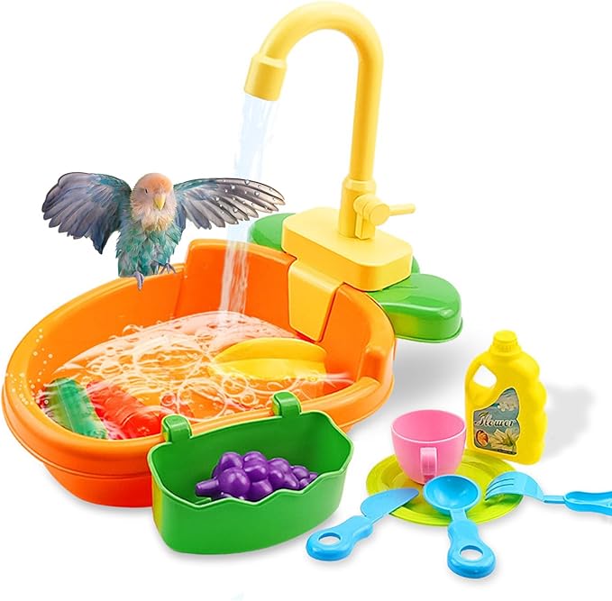 Bird Bath Shower, Bird Bath for Cage with Faucet, Parrot Shower Bathtub Parrot Automatic Bathing Box, Bird Baths for Parakeets, Ferret, Budgie, Goldfinch, Cockatiel, Lovebird and Small Birds (Orange)