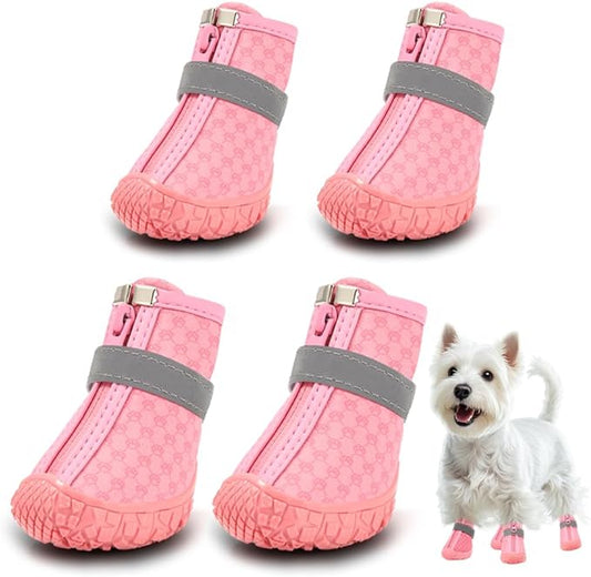 Dog Shoes for Small Dogs, Waterproof Dog Boots Paw Protector for Hot Pavement Winter Snow, Dog Booties with Reflective Strips Rugged Anti-Slip Sole for Hardwood Floors Outdoor Walking Pink Size 1
