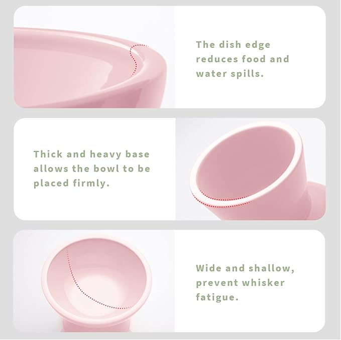 2 Elevated Cat Bowls Extra Wide for Food & Water – Whisker Fatigue, Ceramic Wide Shallow Food Dish, Lead & Cadmium Free, Raised Height for Cats, Pink