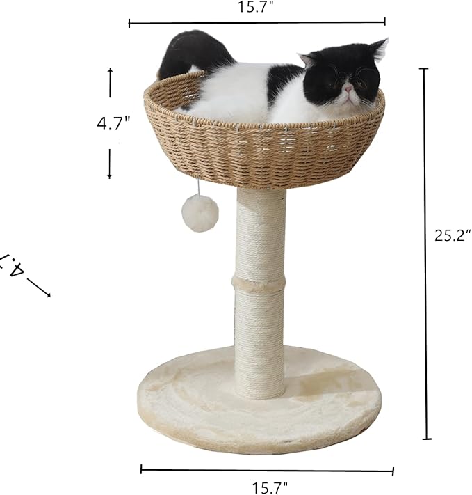 SHENGOCASE Cat Tree Tower with Rattan Wicker Basket, Handwoven Large Nest Basket Bed, Window Perch for Large Cats up to 20LBS