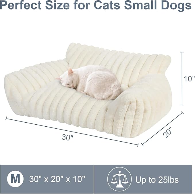 Cute Cat Couch Bed for Indoor Cats, Fluffy Pet Cat Sofa with Premium Soft Corduroy Fleece, Cute Small Dog Beds for Small Dogs, Fuzzy Puppy Chair with Removable Washable Cover (30x20x10,Cream)