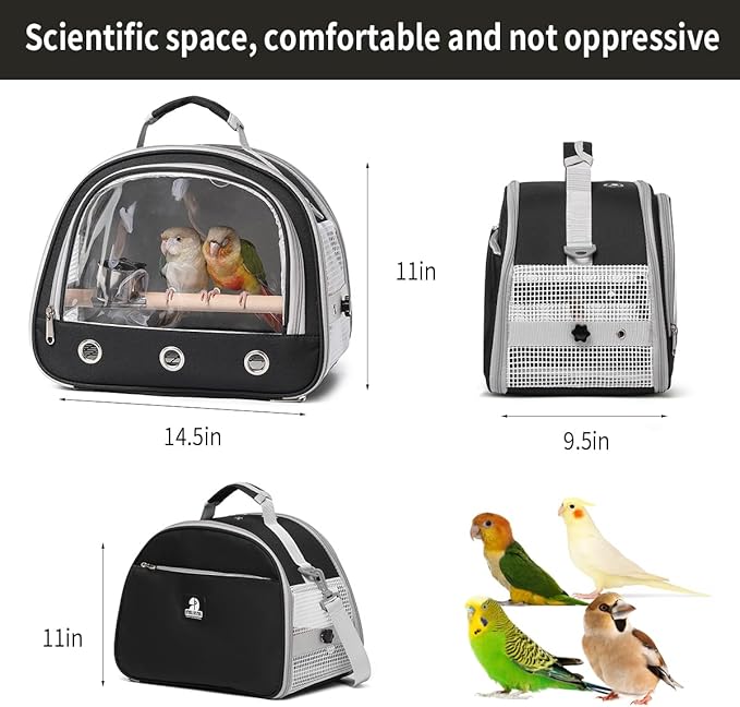 Bird Carrier,Bird Cage Parakeet Parrot Budgie Carrier Backpack for Small Birds, Travel Bird Cages with Perch, Transparent Ventilation Cockatiels, Lightweight Pet Carrier for Outdoor Use(Black)