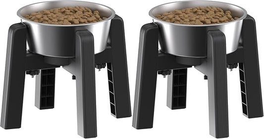 CZPET Dog Bowl Stand, 51 oz Large Capacity Raised Elevated Dog Food/Water Stainless Steel Feeder, Size Adjustable & Anti-Slip Stand for Medium Dogs (2 Pack)