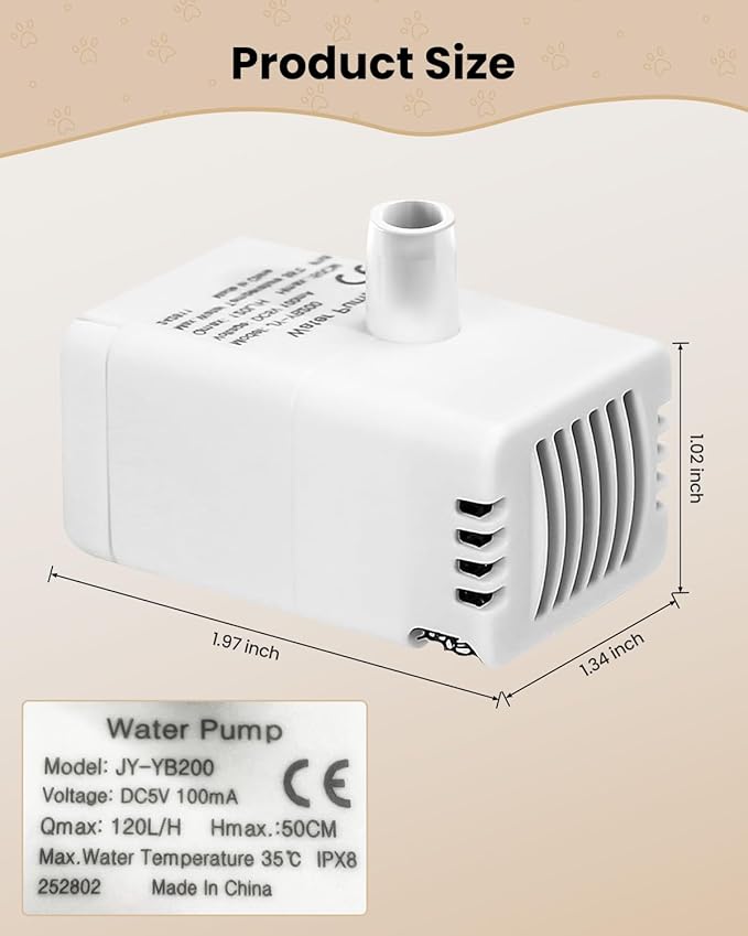 Replacement Pump for PawPoll Cat Fountain - Cats Water Fountain Pump Ultra Quiet LED Lights Pet Water Dispenser