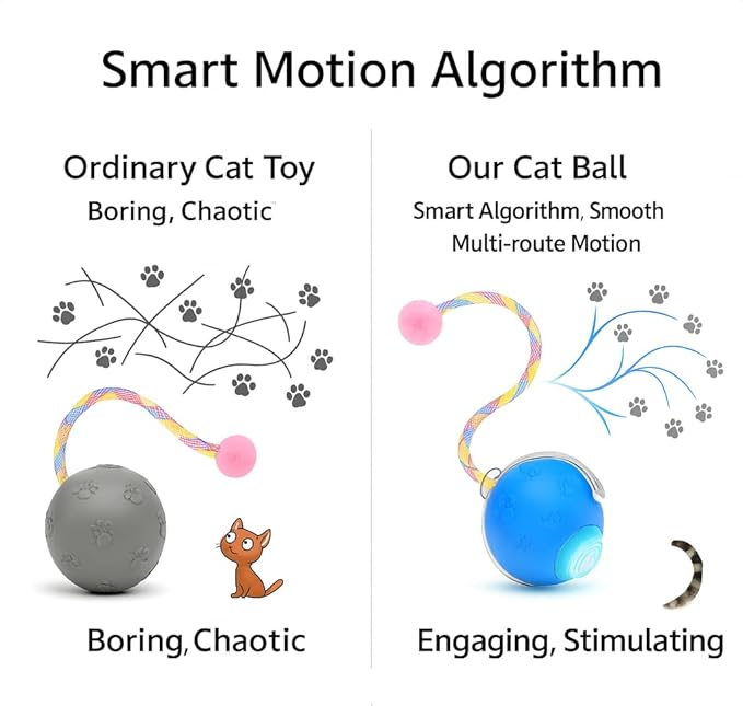 Interactive Cat Ball Toy, Automatic Self-Rolling, Motion-Activated, 3 Replaceable Teaser Wand Tails, Food-Grade TPU-Reinforced, Built-In Bluetooth Speaker with Preloaded Bird Sounds/Optional Music