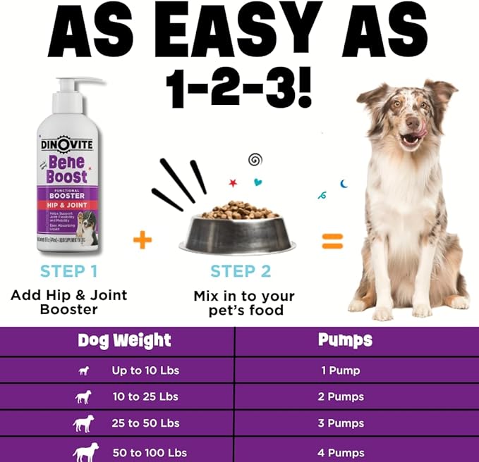 Dinovite BeneBoost Hip & Joint Liquid Topper for Dogs, Dog Joint Supplement with Glucosamine, Chondroitin, MSM & Hyaluronic Acid, Dog Mobility Support, Bacon Flavor, 6 fl oz