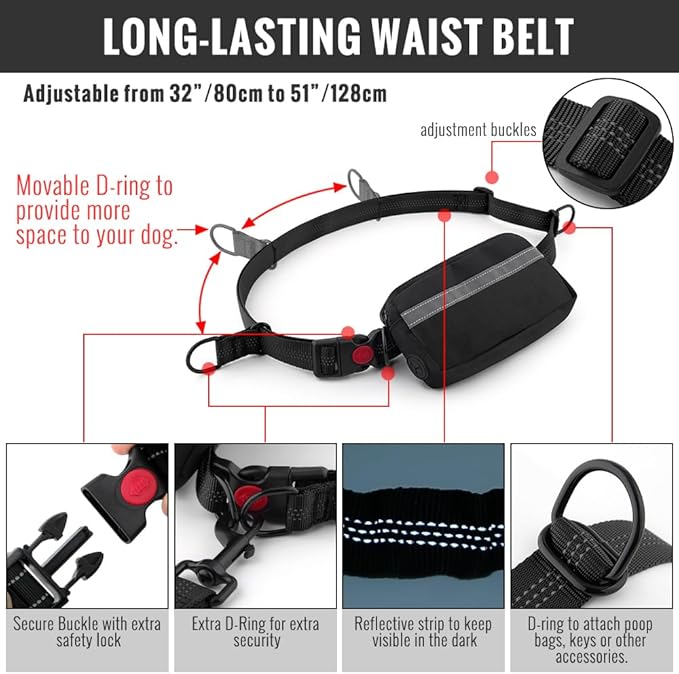 Plutus Pet Hands Free Dual Handle Retractable Bungee Leash with Reflective Stitches, Adjustable Waist Leash for Dog Walking Running Jogging, Medium Large Dogs