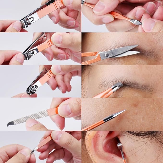 Manicure Set 10 in 1 Stainless Steel, Nail Clippers Scissors Pedicure Tools Kit - Portable Travel Grooming Kit for Men and Women with Leather Case (Rose gold)