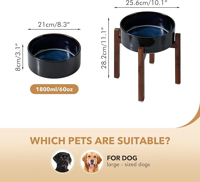 Ceramic 8.2inch Raised Dog Bowl Set, Elevated with Acacia Wood Stand, Food and Water Bowl for Large Breed Dogs, Weighted Pet Dishes(60oz, Starry Sky)