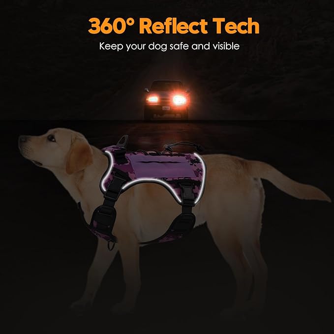 Heavy-Duty Tactical Dog Harness for Large Dogs, No Pull Adjustable Reflective Pet Vest with Molle System, K9 Military-Grade Control for Service Training, Outdoor & 10+ Breeds, Purple Camo, Large
