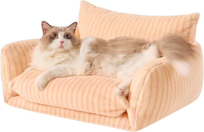 Hollypet Cat Bed Fluffy Plush Mutifuctional Double-Layer Soft Pet Couch Orthopedic Sofa Nest Beds for Small Cats and Dogs, Pink Stripes (25x20x13 inch)
