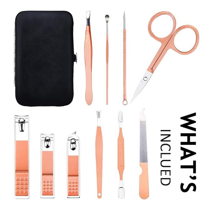 Manicure Set 10 in 1 Stainless Steel, Nail Clippers Scissors Pedicure Tools Kit - Portable Travel Grooming Kit for Men and Women with Leather Case (Rose gold)