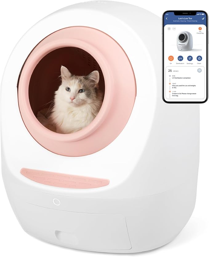 Casa Leo Leo’s Loo Too Self-Cleaning Cat Litter Box, Wi-Fi App Control, <30 dB Whisper-Soft, Anti-Pinch Sensors, UV Odor Defense, Health Monitoring, Large 24 × 22 × 27.6 in