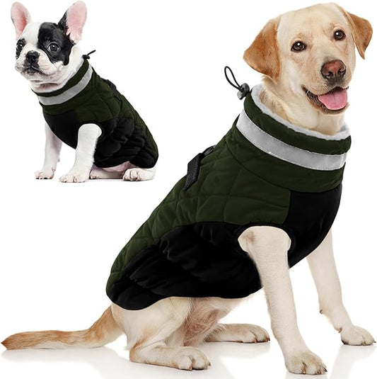 AOFITEE Dog Coat, Warm Dog Winter Coat, Reflective Cold Weather Dogs Puffer Jacket with Harness Built in, Waterproof Pet Fleece Vest Snowsuit for Small Medium Large Dogs, Green L