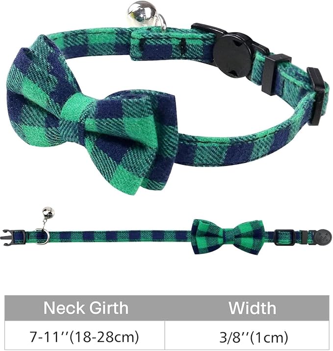 Joytale Upgraded Cat Collar with Bells, Breakaway Cat Collars with Bow Tie, 1 Pack Girl Boy Safety Plaid Kitten Collars, Green