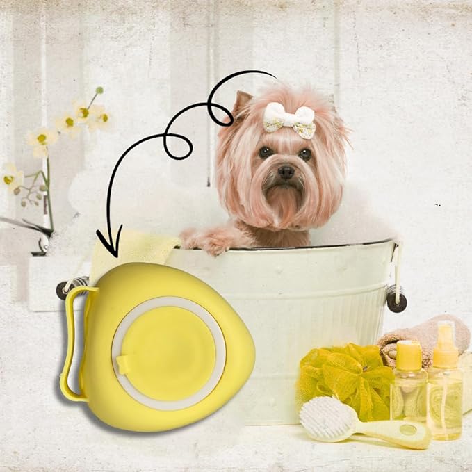 Dog & Cat Bath Brush with Built-In Shampoo Dispenser - 2-in-1 Silicone Pet Grooming Massage Brush for Anxiety Relief & Deep Cleaning - Luxury Spa Treatment (Yellow)