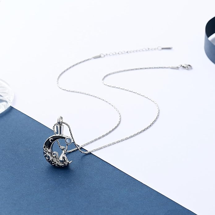 constantlife Cat Moon Urn Necklace for Women Pet Cremation Jewelry for Ashes Stainless Steel Pendant Funeral Keepsake Loved Ones Memorial Gift