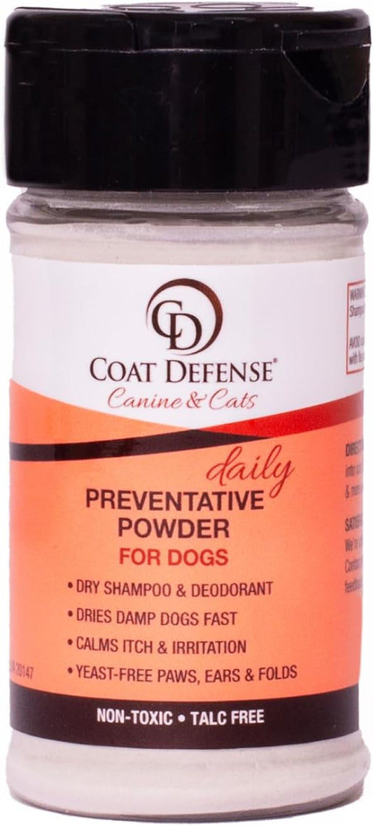 COAT DEFENSE Preventative Powder | Made in USA | 3.5oz Waterless Dog Shampoo & Pet Deodorizer for Smelly Dogs | Provides Anti Itch Relief | Dog Shampoo for Dry Itchy Skin & Smelly Dogs
