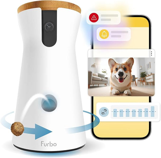 Furbo 360° Dog Camera - Unlock with Paid Plan: Home Security & Dog Safety Alerts, Rotating Pet Treat Dispenser w/ 2-Way Speaker, Smart Indoor Cam w/Phone App (3mo Minimum Subscription Required)