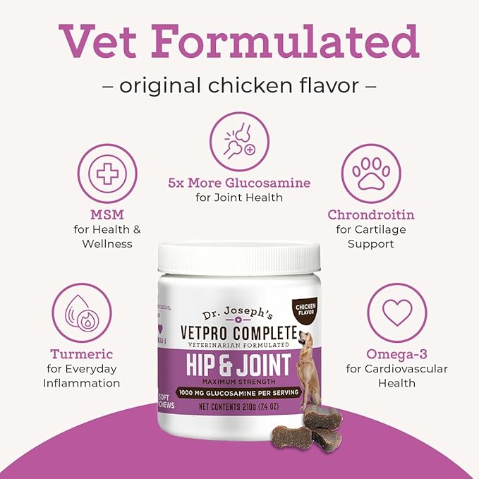 VetPro Complete Dr. Joseph's Dog Hip and Joint Supplement, 60 Count, Chicken Flavored Pain and Inflammation Relief Chews with Glucosamine, Chondroitin, MSM, Turmeric, Vitamin C, Omega 3
