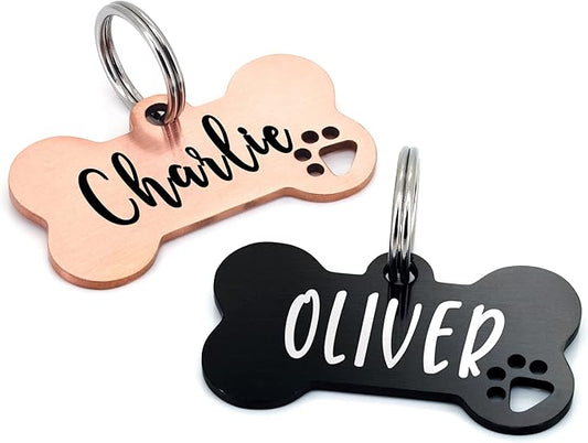 Ultra Joys Dog Tags Personalized for Pets - Hollow Paw Custom Pet ID Tag - Engraved Dog Tag for Small, Large Dogs - Small Bone in Rose