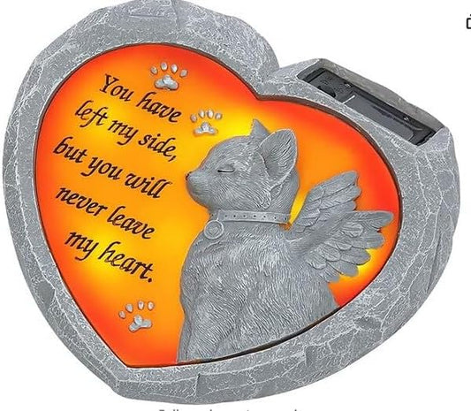 BAYN Cat Pet Memorial Stones Gifts, Solar Heart Shaped Pet Memorial Headstone Grave Markers for Loved Ones Loss of Cat Sympathy Gift Garden Stone Statue
